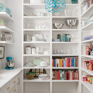 Transitional kitchen pantry inspiration - Transitional u-shaped medium tone wood floor and brown floor kitchen pantry photo in Dallas with open cabinets, white cabinets and white countertops
