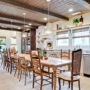 Inspiration for a huge country beige floor and travertine floor eat-in kitchen remodel in DC Metro with recessed-panel cabinets, white cabinets, stainless steel appliances, no island, an undermount sink, concrete countertops and gray backsplash