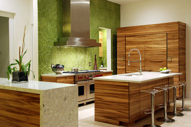Стильный дизайн: кухня в современном стиле с техникой под мебельный фасад и акцентной стеной - последний тренд