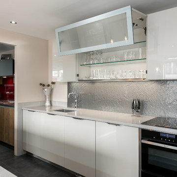 Display Kitchen: Light grey gloss lacquer door with wood finish