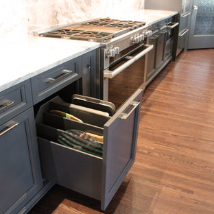 Design ideas for a large transitional single-wall open plan kitchen in Other with a double-bowl sink, recessed-panel cabinets, grey cabinets, marble benchtops, multi-coloured splashback, stainless steel appliances, medium hardwood floors, with island and marble splashback.