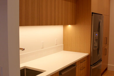 バンクーバーにあるコンテンポラリースタイルのおしゃれなキッチン (フラットパネル扉のキャビネット、中間色木目調キャビネット) の写真
