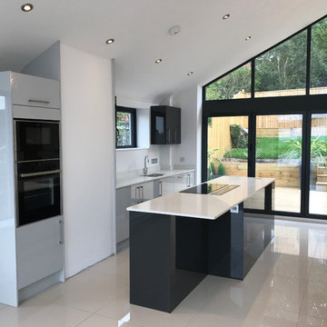 Dove Grey & Graphite Gloss slab door kitchen with Neff appliances & White Quartz