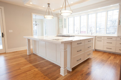 Example of a single-wall eat-in kitchen design in Chicago with shaker cabinets, white cabinets, stainless steel appliances, an island and white countertops