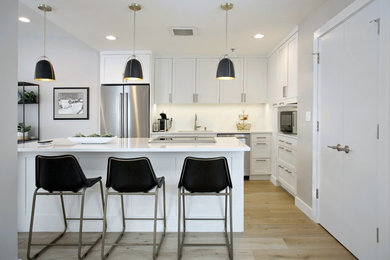 Inspiration for a small galley light wood floor and gray floor eat-in kitchen remodel in Boston with an undermount sink, shaker cabinets, white cabinets, quartz countertops, white backsplash, stone slab backsplash, stainless steel appliances, an island and white countertops