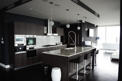 Mid-sized trendy single-wall dark wood floor eat-in kitchen photo in Vancouver with an undermount sink, flat-panel cabinets, dark wood cabinets, granite countertops, gray backsplash, stone slab backsplash, stainless steel appliances and an island