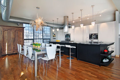 Trendy medium tone wood floor eat-in kitchen photo in Minneapolis with an undermount sink, flat-panel cabinets, stainless steel appliances and an island