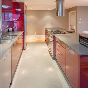 Downtown Vancouver Red Modern Kitchen, Open Concept and High End Appliances