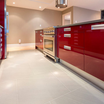 Downtown Vancouver Red Modern Kitchen, Open Concept and High End Appliances