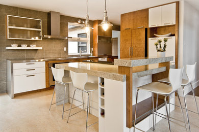 Ejemplo de cocina contemporánea con armarios con paneles lisos, puertas de armario blancas, encimera de acero inoxidable, electrodomésticos con paneles y suelo de linóleo
