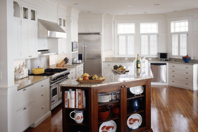 Photo of a nautical kitchen in Portland Maine.