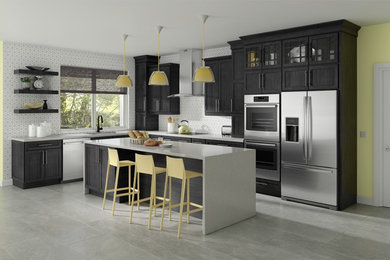 Example of a trendy kitchen design in Boston with black cabinets, stainless steel appliances and an island