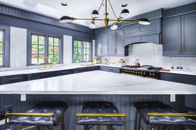 Enclosed kitchen - large transitional l-shaped ceramic tile and multicolored floor enclosed kitchen idea in New York with a double-bowl sink, quartz countertops, gray backsplash, mosaic tile backsplash, black appliances, shaker cabinets, gray cabinets and an island
