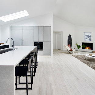 Foto di una cucina minimalista di medie dimensioni con lavello a doppia vasca, ante lisce, ante grigie, top in quarzo composito, elettrodomestici da incasso, parquet chiaro, isola e pavimento bianco