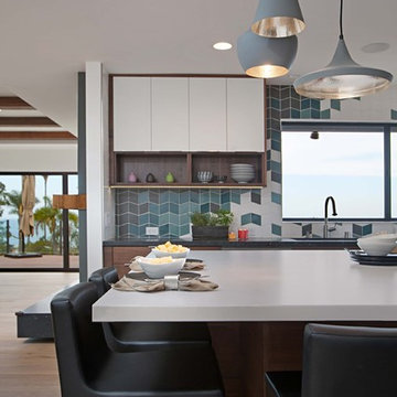 Eclectic Coastal Kitchen with Geometric Tile Backsplash