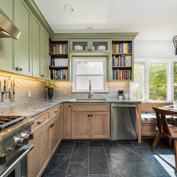 eclectic green and gray washed alder kitchen