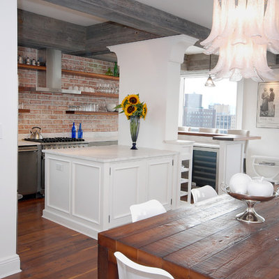 Eclectic eat-in kitchen photo in New York with open cabinets and stainless steel appliances