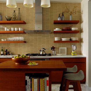 Eclectic kitchen in New York with open cabinets and medium wood cabinets.