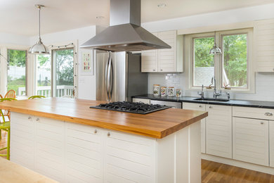 Enclosed kitchen - mid-sized eclectic galley medium tone wood floor enclosed kitchen idea in Boston with an undermount sink, beaded inset cabinets, white cabinets, soapstone countertops, white backsplash, ceramic backsplash, stainless steel appliances and an island