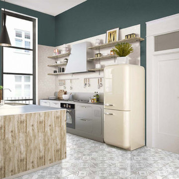 Eclectic kitchen with patterned floor and mosaic backsplash