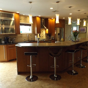 Eclectic Light Brown Kitchen Remodel with waterfall Rainforest Granite Counterto
