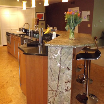 Eclectic Light Brown Kitchen Remodel with waterfall Rainforest Granite Counterto