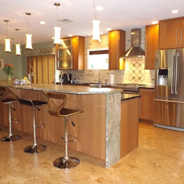 Eclectic Light Brown Kitchen Remodel with waterfall Rainforest Granite Counterto