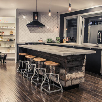 Eclectic Style Kitchen.  Concrete Bench-top.  Recycled Timber.  Open plan kitche