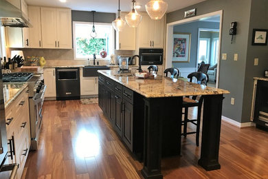 ワシントンD.C.にあるトランジショナルスタイルのおしゃれなキッチン (レイズドパネル扉のキャビネット、御影石カウンター、トラバーチンのキッチンパネル、黒い調理設備、無垢フローリング) の写真