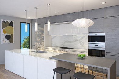 Inspiration for a modern galley kitchen remodel in Chicago with flat-panel cabinets, gray cabinets, quartzite countertops, white backsplash, paneled appliances, an island and white countertops