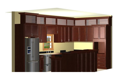 Inspiration for a large traditional u-shaped kitchen pantry in Dallas with a submerged sink, raised-panel cabinets, dark wood cabinets, engineered stone countertops, beige splashback, stone slab splashback, stainless steel appliances, porcelain flooring, an island and brown floors.