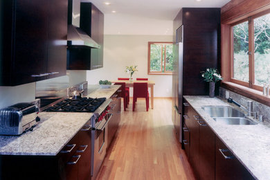 Inspiration for a mid-sized contemporary galley light wood floor and beige floor eat-in kitchen remodel in San Francisco with a double-bowl sink, flat-panel cabinets, dark wood cabinets, stainless steel appliances, no island and granite countertops