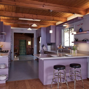 Ispirazione per una cucina design di medie dimensioni con lavello sottopiano, ante lisce, ante viola, top in quarzo composito, paraspruzzi multicolore, paraspruzzi con piastrelle di vetro, elettrodomestici in acciaio inossidabile, penisola, pavimento grigio e top viola