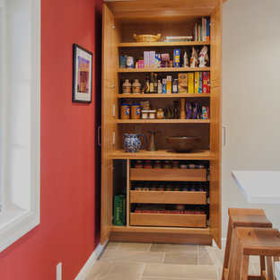 Inspiration for a small transitional l-shaped kitchen pantry in Seattle with a single-bowl sink, recessed-panel cabinets, light wood cabinets, quartz benchtops, multi-coloured splashback, mosaic tile splashback, stainless steel appliances, porcelain floors and with island.