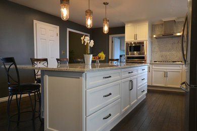 Inspiration for a mid-sized transitional l-shaped dark wood floor and brown floor eat-in kitchen remodel in Toronto with a double-bowl sink, shaker cabinets, white cabinets, marble countertops, gray backsplash, stainless steel appliances, an island and marble backsplash