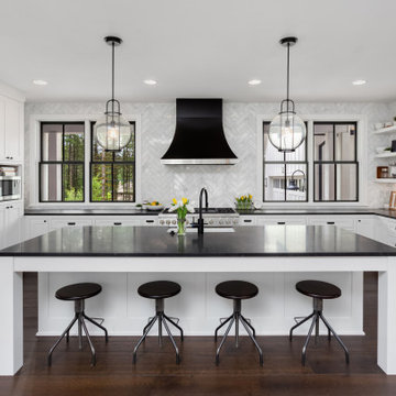 Elegant Modern Black, White and Wood Kitchen and Family Room