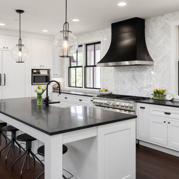 Elegant Modern Black, White and Wood Kitchen and Family Room