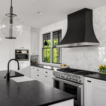 Elegant Modern Black, White and Wood Kitchen and Family Room