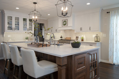 Transitional kitchen photo in Chicago with white cabinets, quartz countertops, ceramic backsplash, stainless steel appliances, an island and white countertops