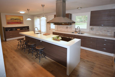 Example of a mid-sized minimalist galley kitchen pantry design in Philadelphia with a double-bowl sink, flat-panel cabinets, dark wood cabinets, solid surface countertops, stainless steel appliances, an island, white countertops and stone tile backsplash