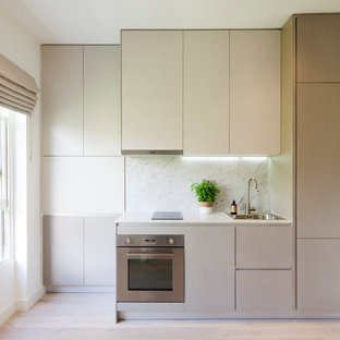 Idee per una piccola cucina lineare minimal con lavello a vasca singola, ante lisce, ante grigie, top in marmo, paraspruzzi in lastra di pietra, elettrodomestici in acciaio inossidabile e parquet chiaro