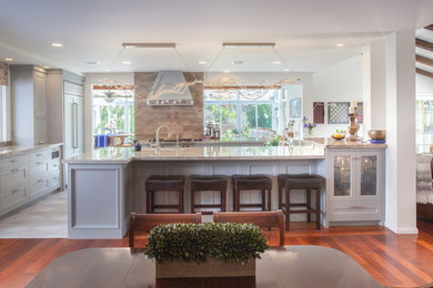 Photo of an expansive traditional kitchen/diner in San Diego with a single-bowl sink, shaker cabinets, quartz worktops, ceramic splashback, ceramic flooring, grey floors and grey worktops.