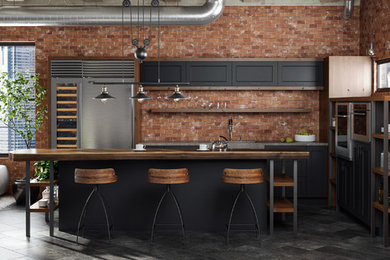 Urban l-shaped porcelain tile open concept kitchen photo in Minneapolis with an integrated sink, flat-panel cabinets, black cabinets, wood countertops, red backsplash, brick backsplash, stainless steel appliances and an island