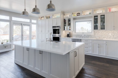 Example of a large transitional l-shaped dark wood floor and brown floor open concept kitchen design in Denver with a farmhouse sink, recessed-panel cabinets, white cabinets, quartz countertops, white backsplash, glass tile backsplash, stainless steel appliances and an island