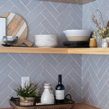 Exposed Shelving with Herringbone Brick Backpslash