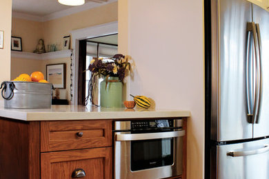 トロントにあるお手頃価格の中くらいなトラディショナルスタイルのおしゃれなキッチン (エプロンフロントシンク、落し込みパネル扉のキャビネット、中間色木目調キャビネット、クオーツストーンカウンター、白いキッチンパネル、サブウェイタイルのキッチンパネル、シルバーの調理設備、無垢フローリング) の写真
