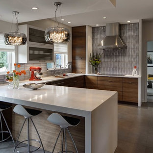 Design ideas for a retro kitchen in Chicago with flat-panel cabinets, medium wood cabinets, grey splashback, stainless steel appliances, grey floors and white worktops.