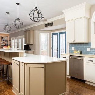 Huge transitional open concept kitchen designs - Open concept kitchen - huge transitional u-shaped dark wood floor open concept kitchen idea in Other with an undermount sink, shaker cabinets, gray cabinets, quartz countertops, blue backsplash, glass tile backsplash, stainless steel appliances and an island