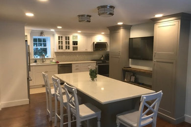 Mid-sized transitional dark wood floor and brown floor eat-in kitchen photo in Boston with an undermount sink, shaker cabinets, gray cabinets, gray backsplash, stainless steel appliances and no island