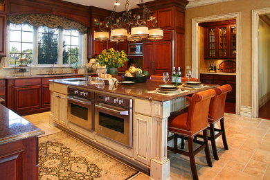 Kitchen - traditional u-shaped kitchen idea in Detroit with an undermount sink, granite countertops, stainless steel appliances and an island